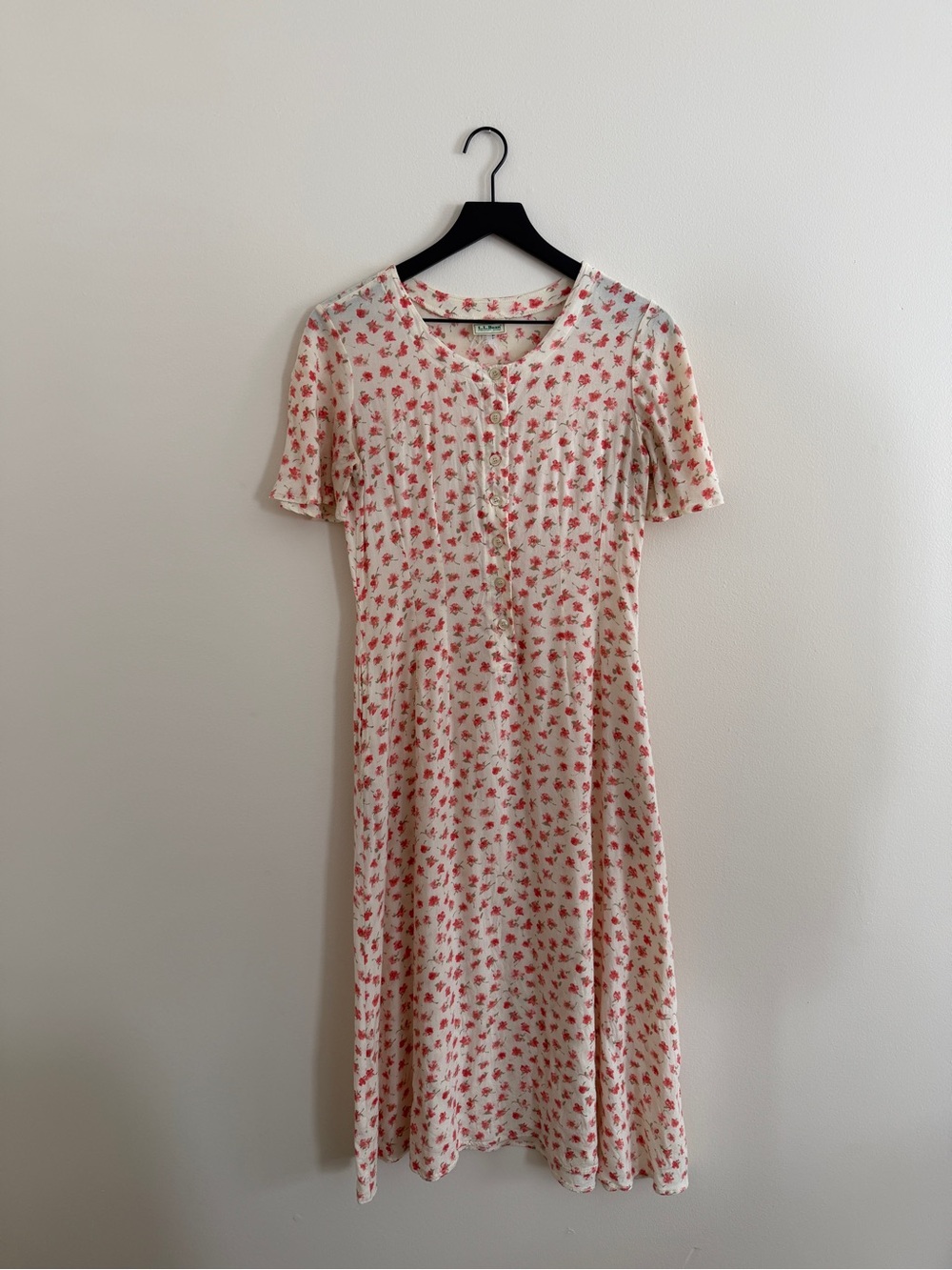 L.L. Bean Cream Midi Dress with Pink Floral Print